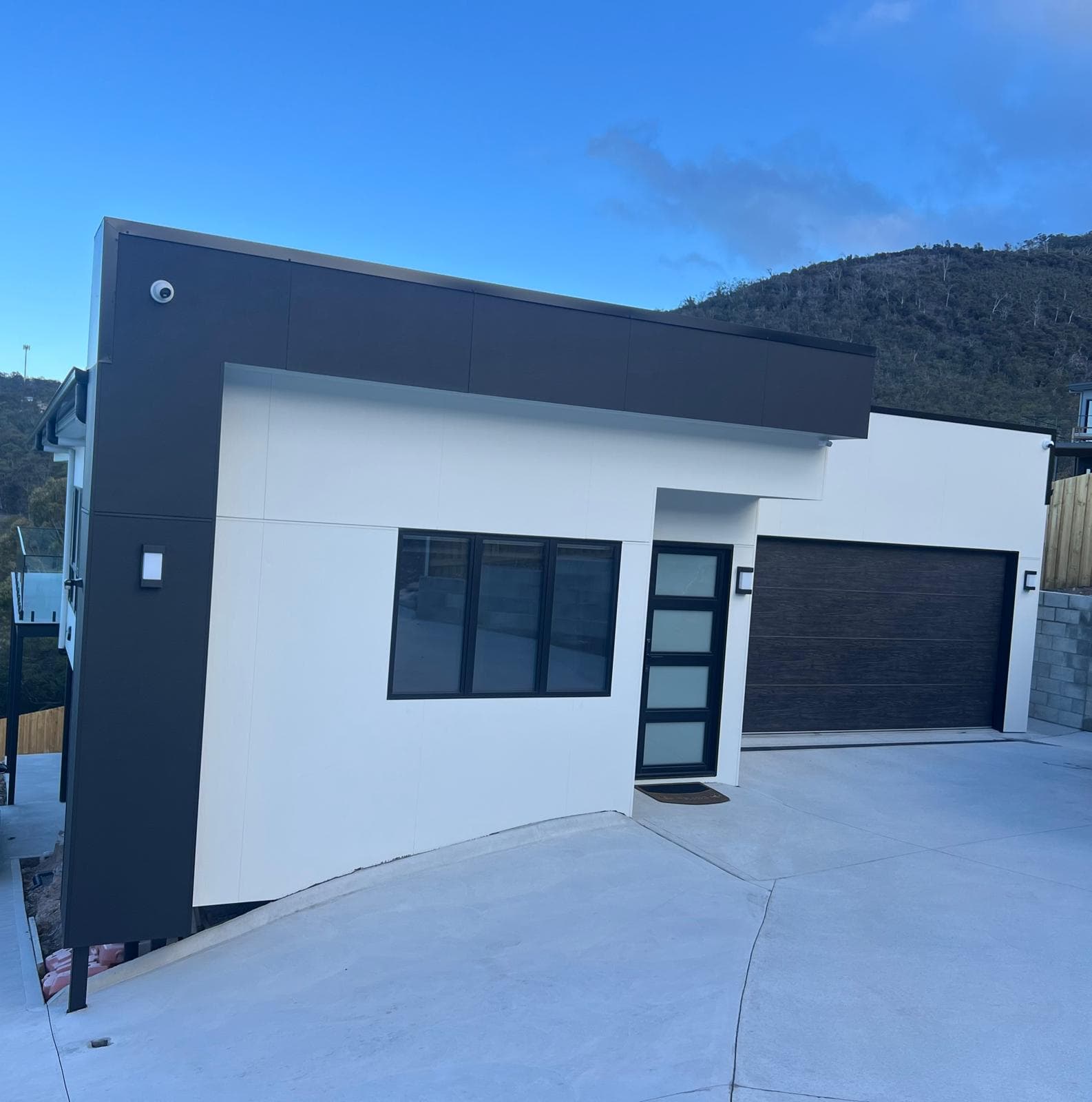Modern home exterior finished in crisp white and charcoal